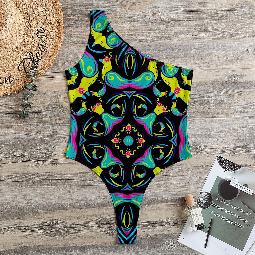 Ornament Psychedelic Trippy Print One Shoulder Bodysuit