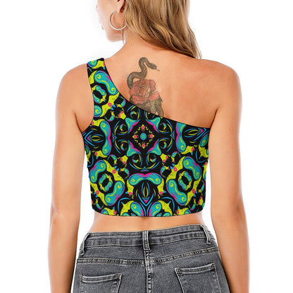 Ornament Psychedelic Trippy Print One Shoulder Crop Top