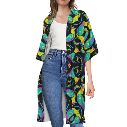 Ornament Psychedelic Trippy Print Open Front Beach Cover Up