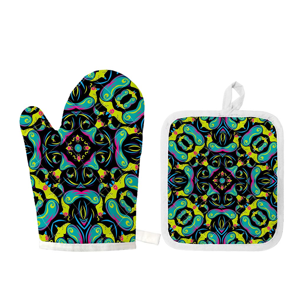 Ornament Psychedelic Trippy Print Oven Mitt And Pot Holder Set
