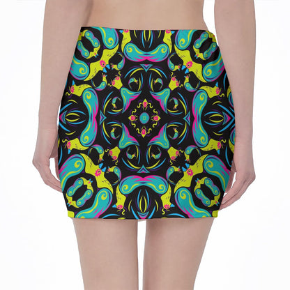 Ornament Psychedelic Trippy Print Pencil Mini Skirt