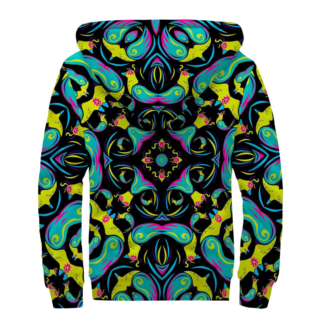 Ornament Psychedelic Trippy Print Sherpa Lined Zip Up Hoodie
