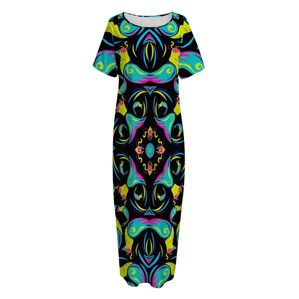 Ornament Psychedelic Trippy Print Short Sleeve Long Nightdress