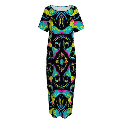 Ornament Psychedelic Trippy Print Short Sleeve Long Nightdress
