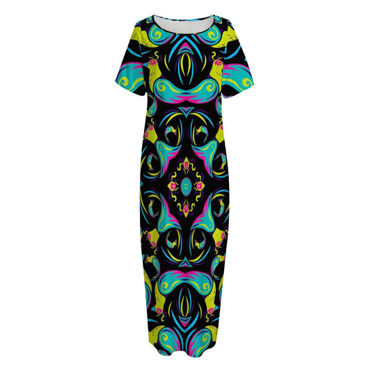Ornament Psychedelic Trippy Print Short Sleeve Long Nightdress
