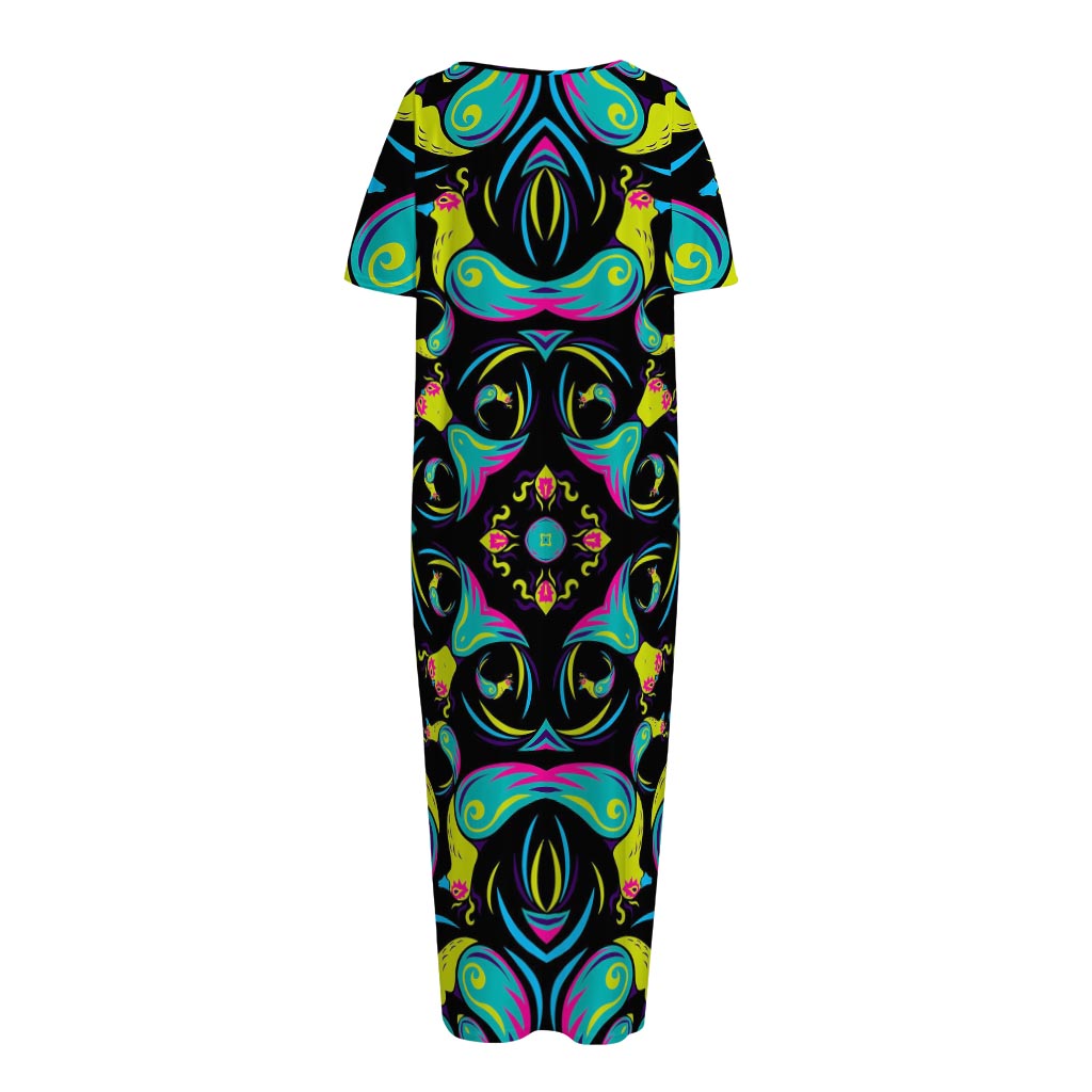 Ornament Psychedelic Trippy Print Short Sleeve Long Nightdress