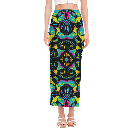 Ornament Psychedelic Trippy Print Side Slit Maxi Skirt