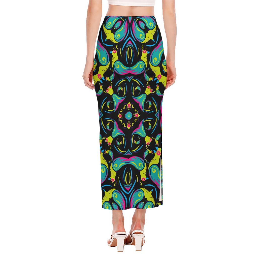 Ornament Psychedelic Trippy Print Side Slit Maxi Skirt