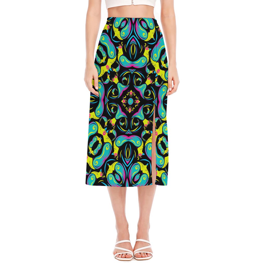 Ornament Psychedelic Trippy Print Side Slit Midi Skirt