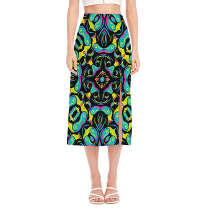 Ornament Psychedelic Trippy Print Side Slit Midi Skirt