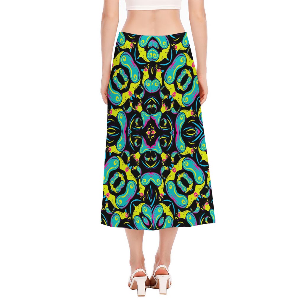 Ornament Psychedelic Trippy Print Side Slit Midi Skirt