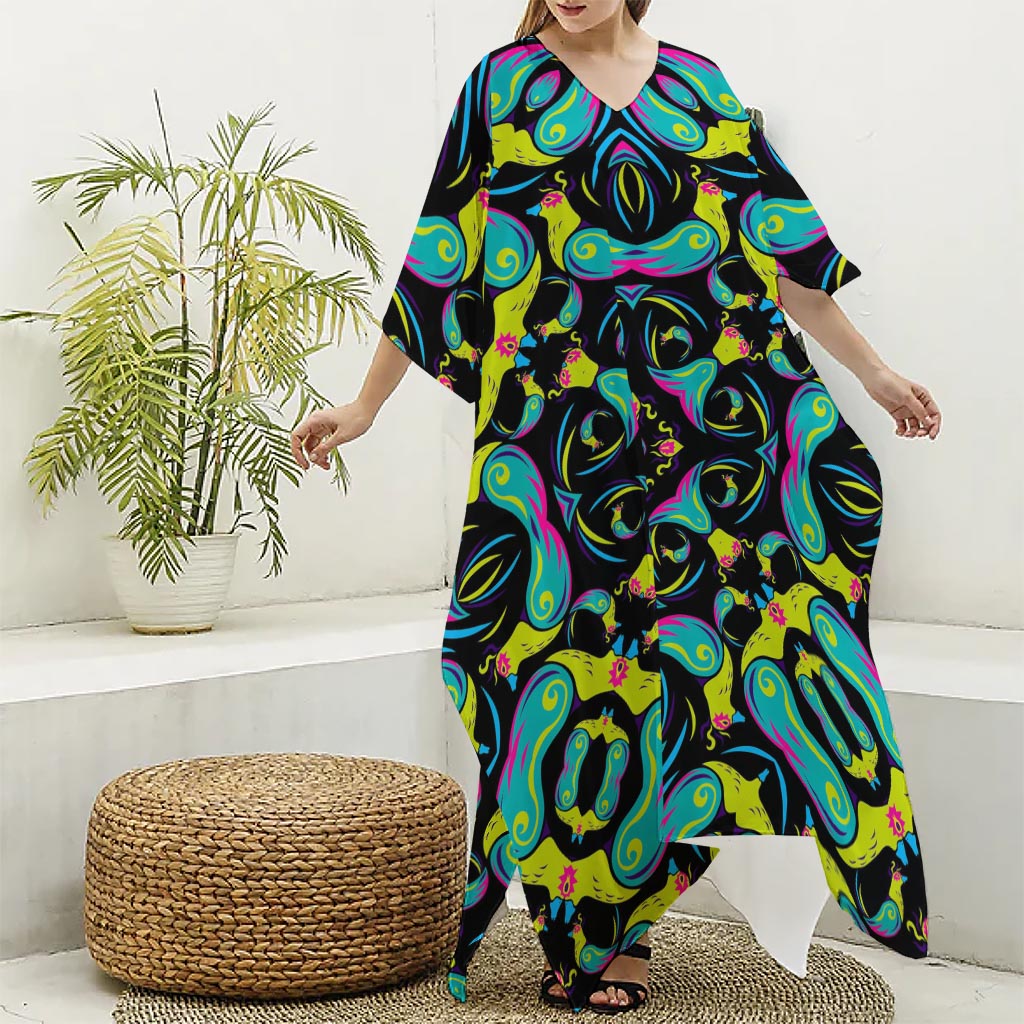 Ornament Psychedelic Trippy Print Silk V-Neck Kaftan Dress