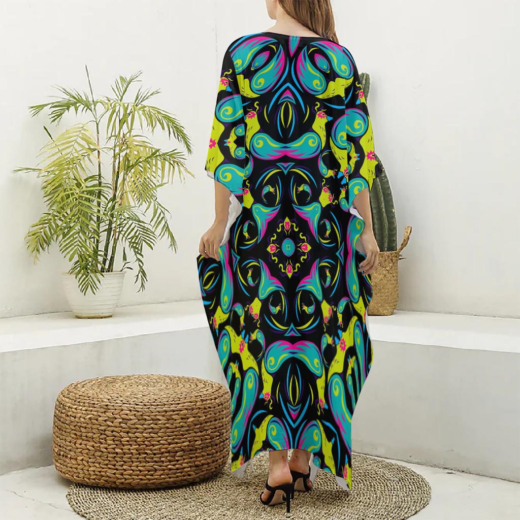 Ornament Psychedelic Trippy Print Silk V-Neck Kaftan Dress