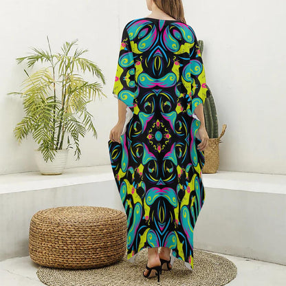 Ornament Psychedelic Trippy Print Silk V-Neck Kaftan Dress