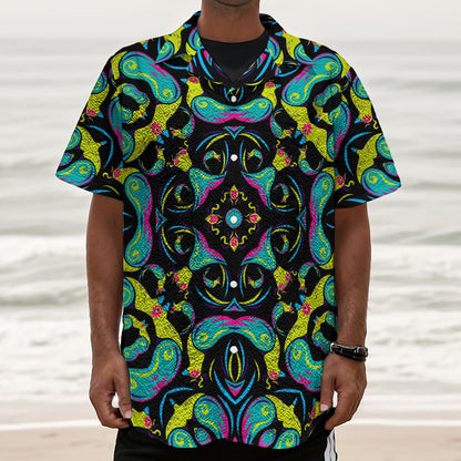 Ornament Psychedelic Trippy Print Textured Short Sleeve Shirt