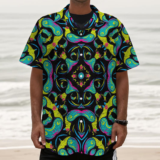 Ornament Psychedelic Trippy Print Textured Short Sleeve Shirt