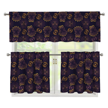 Ornament Tiki Mask Pattern Print 3 Piece Kitchen Curtains