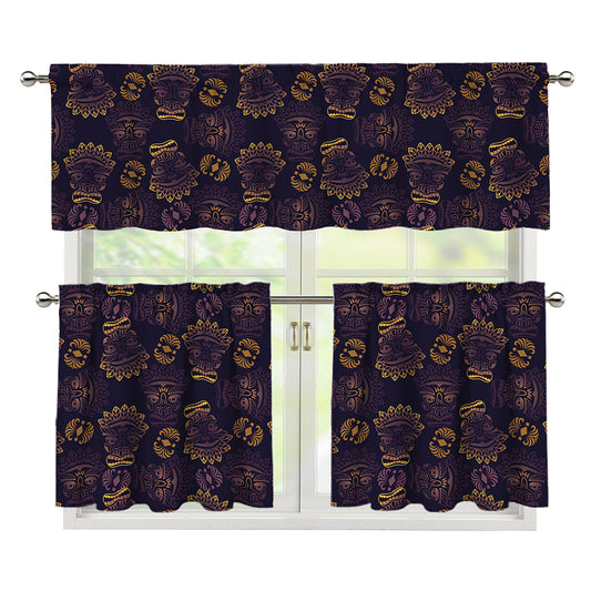 Ornament Tiki Mask Pattern Print 3 Piece Kitchen Curtains