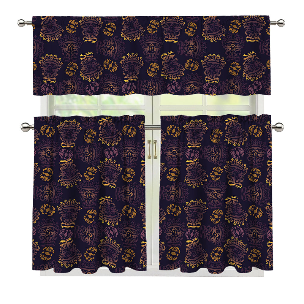 Ornament Tiki Mask Pattern Print 3 Piece Kitchen Curtains