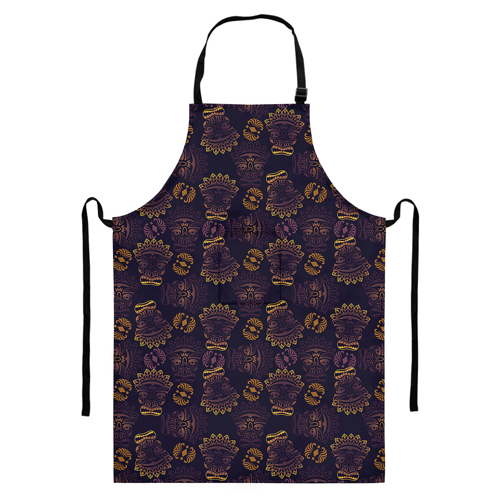 Ornament Tiki Mask Pattern Print Bib Apron With Pocket