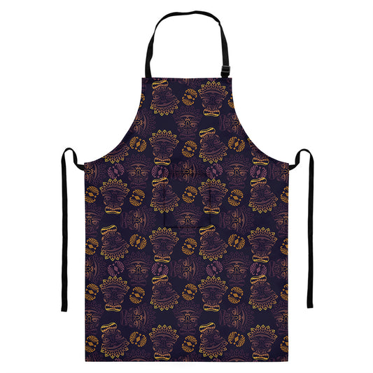 Ornament Tiki Mask Pattern Print Bib Apron With Pocket