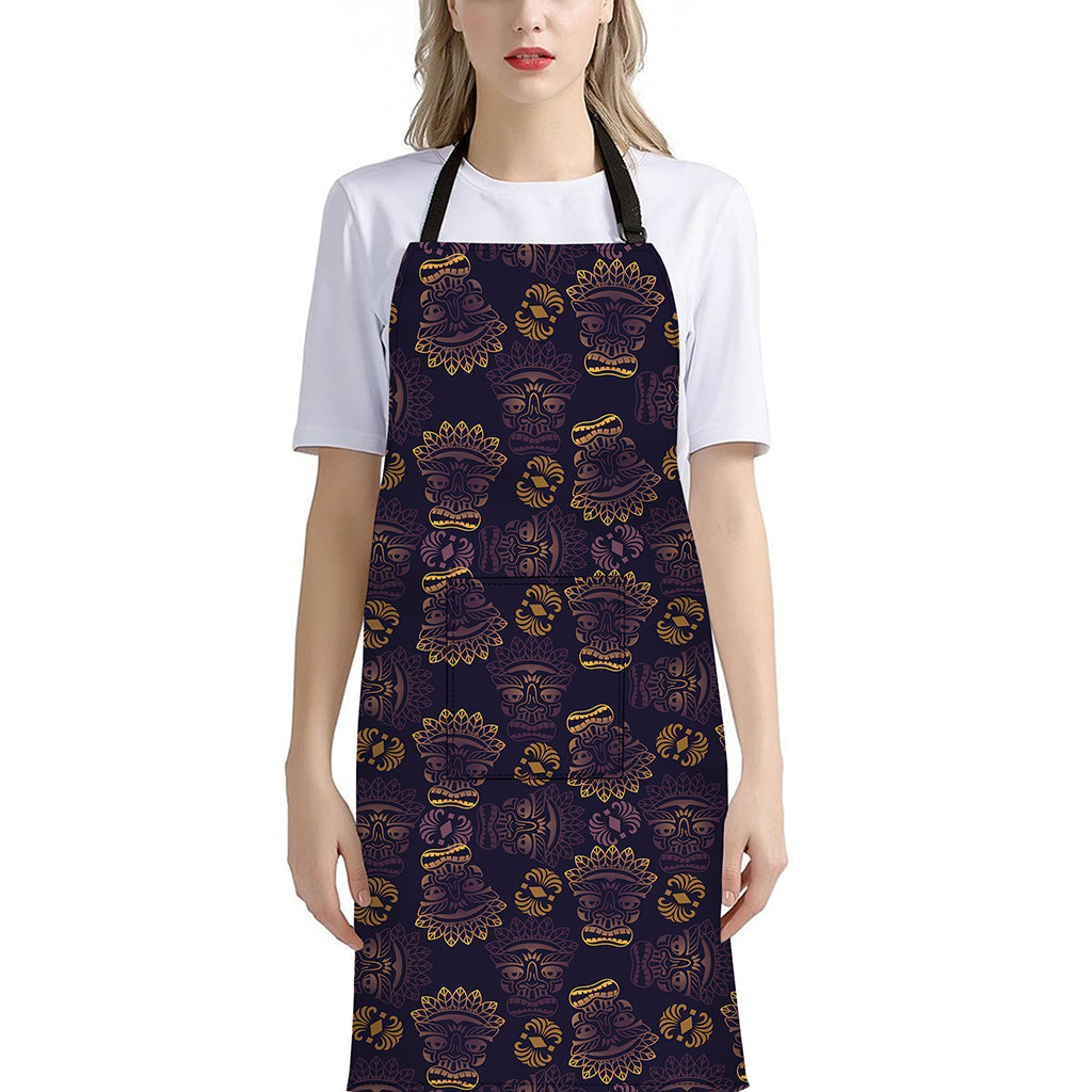 Ornament Tiki Mask Pattern Print Bib Apron With Pocket