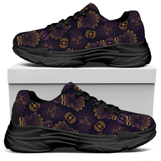 Ornament Tiki Mask Pattern Print Black Chunky Shoes