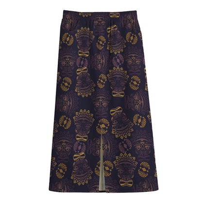 Ornament Tiki Mask Pattern Print Cotton Front Slit Maxi Skirt