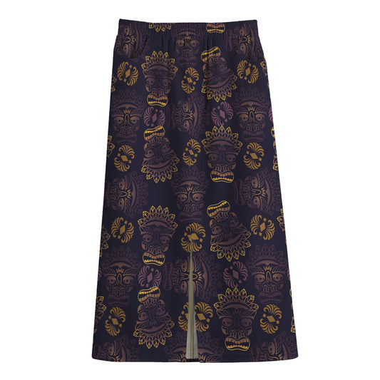 Ornament Tiki Mask Pattern Print Cotton Front Slit Maxi Skirt