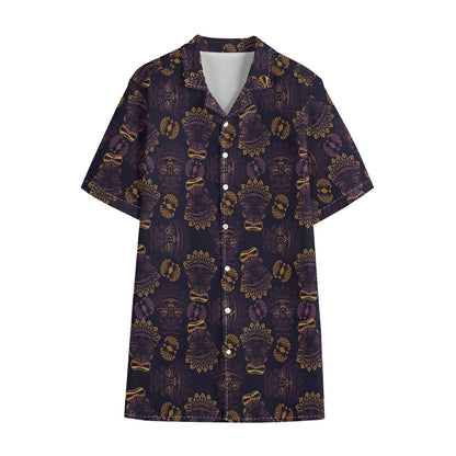 Ornament Tiki Mask Pattern Print Cotton Hawaiian Shirt