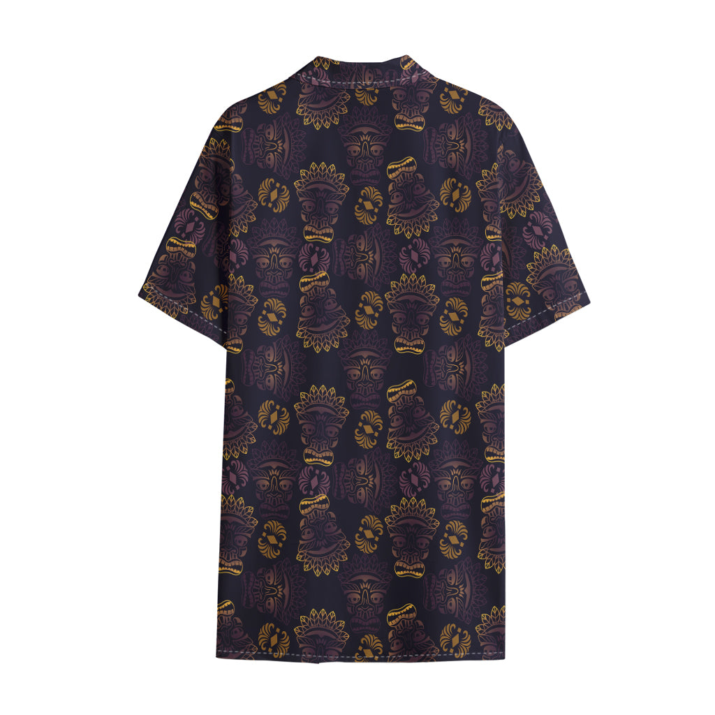 Ornament Tiki Mask Pattern Print Cotton Hawaiian Shirt
