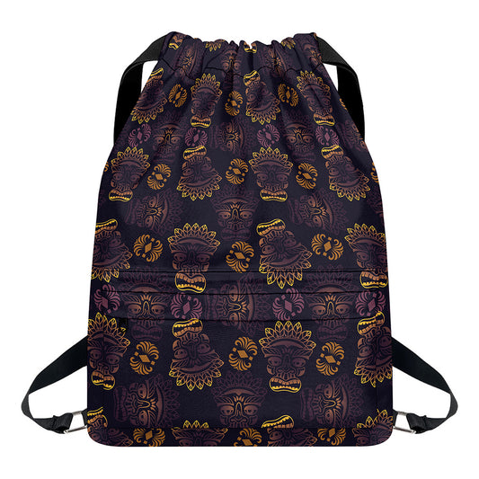 Ornament Tiki Mask Pattern Print Drawstring Backpack