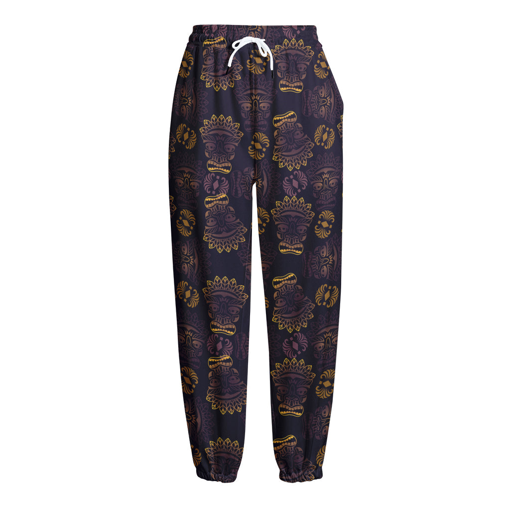 Ornament Tiki Mask Pattern Print Fleece Lined Knit Pants