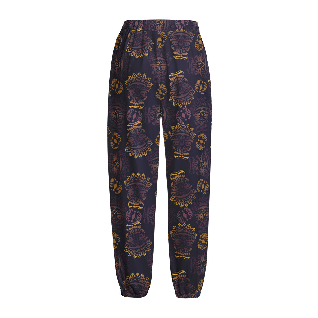 Ornament Tiki Mask Pattern Print Fleece Lined Knit Pants