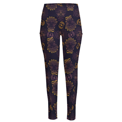 Ornament Tiki Mask Pattern Print High-Waisted Pocket Leggings