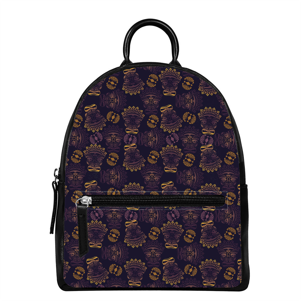 Ornament Tiki Mask Pattern Print Leather Backpack
