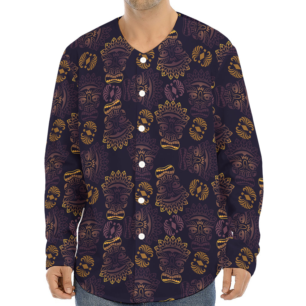 Ornament Tiki Mask Pattern Print Long Sleeve Baseball Jersey