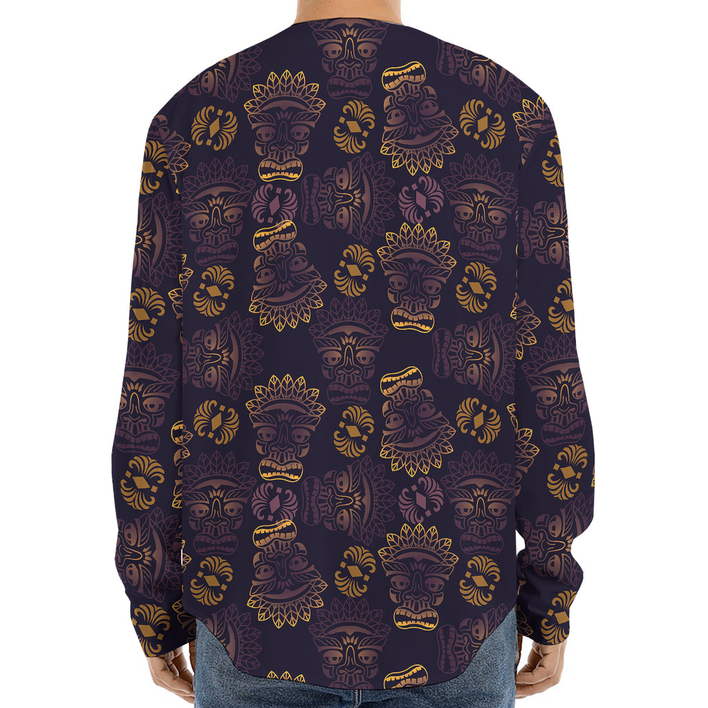 Ornament Tiki Mask Pattern Print Long Sleeve Baseball Jersey