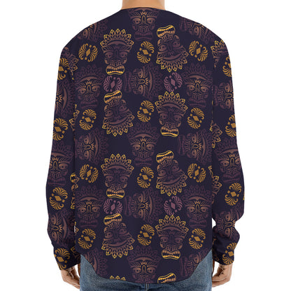 Ornament Tiki Mask Pattern Print Long Sleeve Baseball Jersey