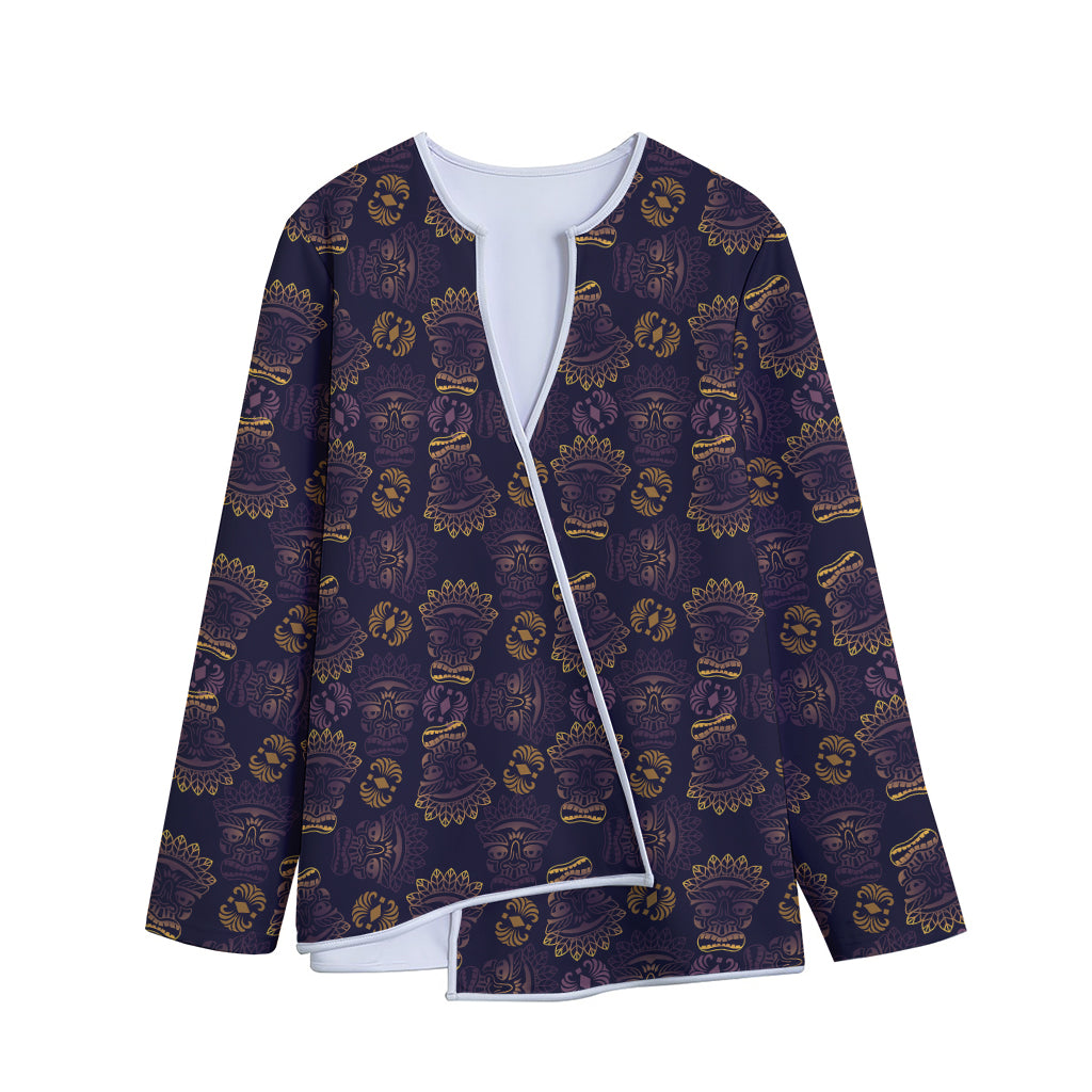 Ornament Tiki Mask Pattern Print Long Sleeve Short Coat