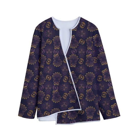 Ornament Tiki Mask Pattern Print Long Sleeve Short Coat