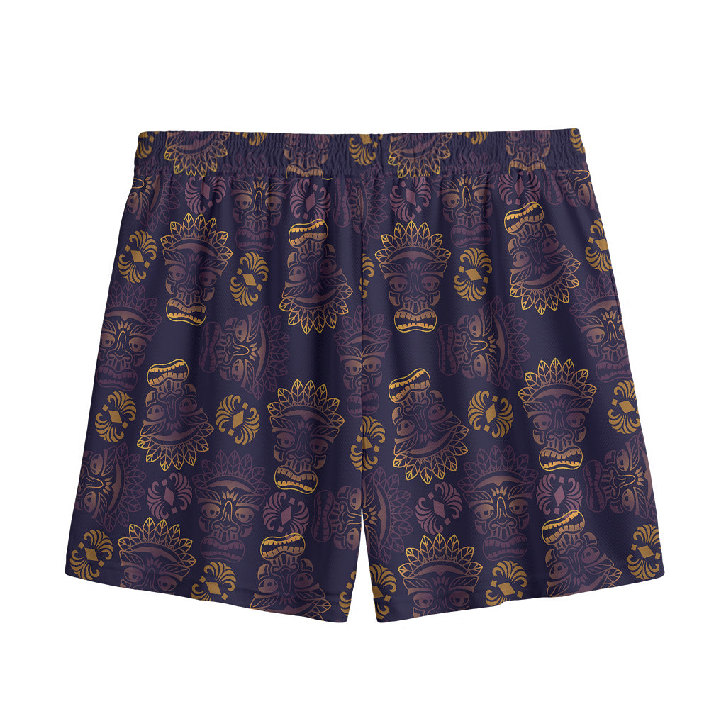 Ornament Tiki Mask Pattern Print Mesh Shorts