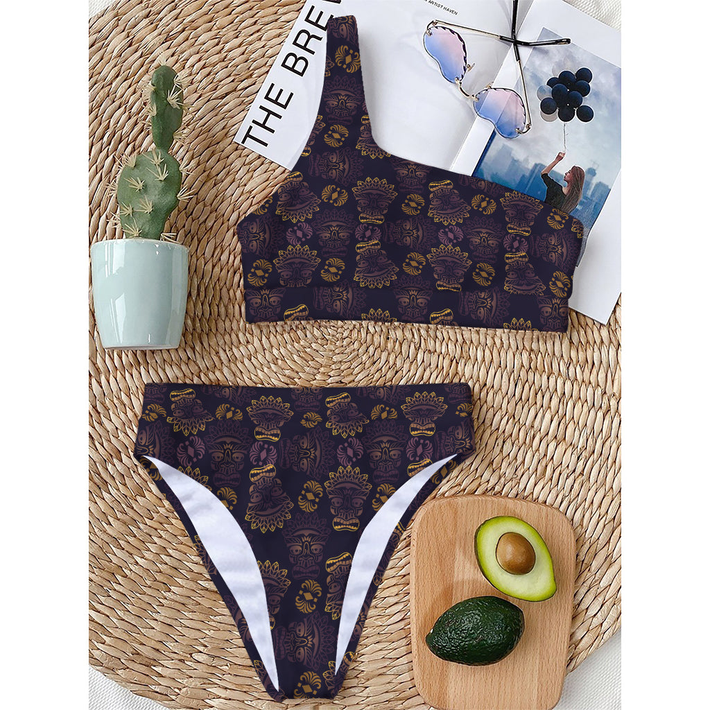 Ornament Tiki Mask Pattern Print One Shoulder Bikini Top