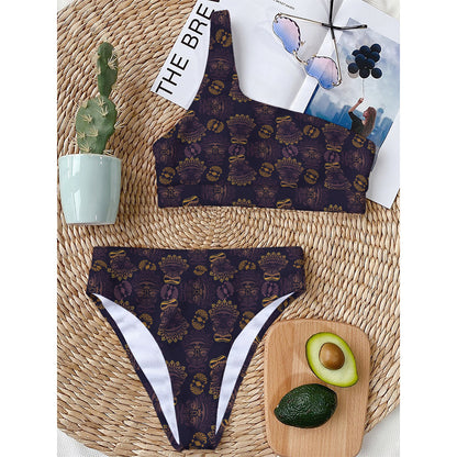 Ornament Tiki Mask Pattern Print One Shoulder Bikini Top