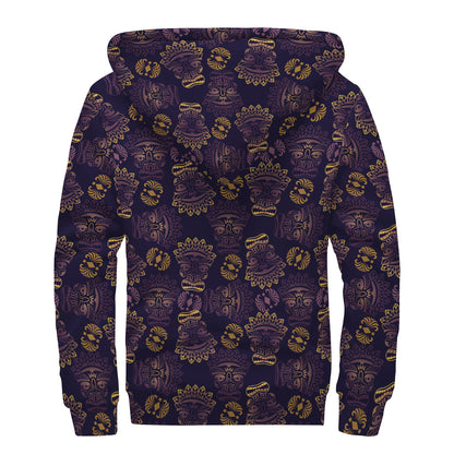 Ornament Tiki Mask Pattern Print Sherpa Lined Zip Up Hoodie