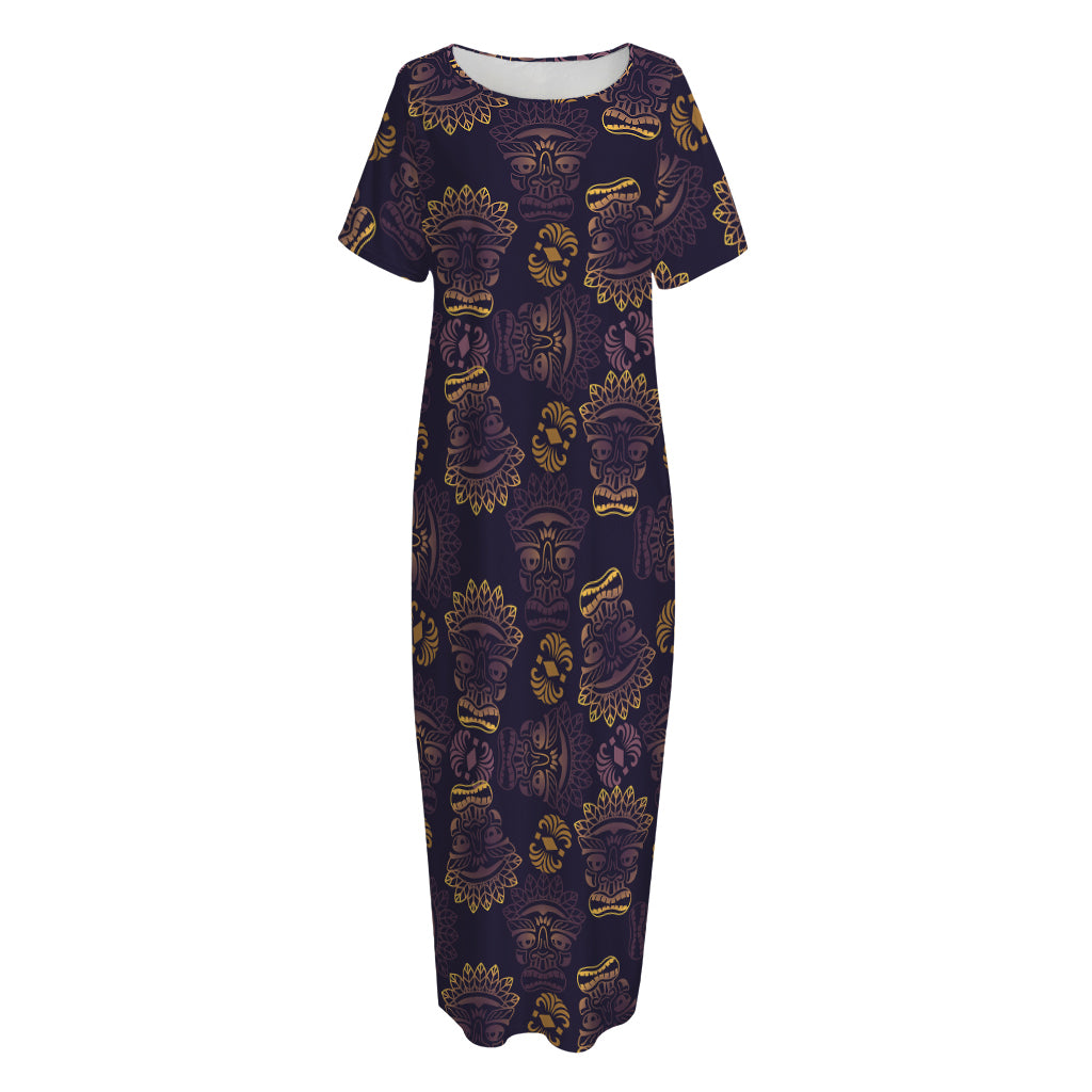 Ornament Tiki Mask Pattern Print Short Sleeve Long Nightdress