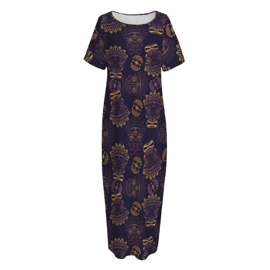 Ornament Tiki Mask Pattern Print Short Sleeve Long Nightdress