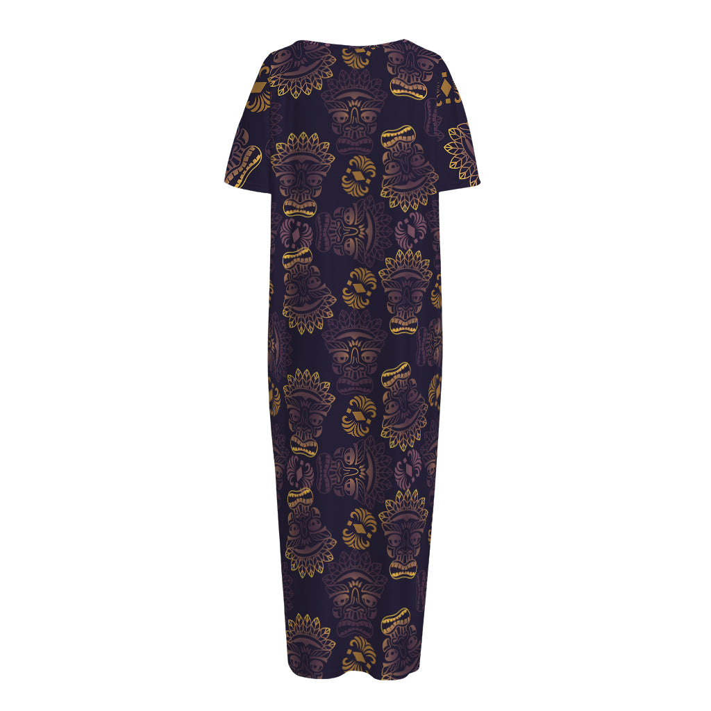 Ornament Tiki Mask Pattern Print Short Sleeve Long Nightdress