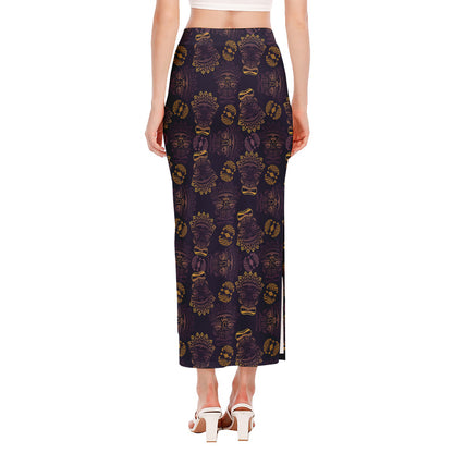 Ornament Tiki Mask Pattern Print Side Slit Maxi Skirt