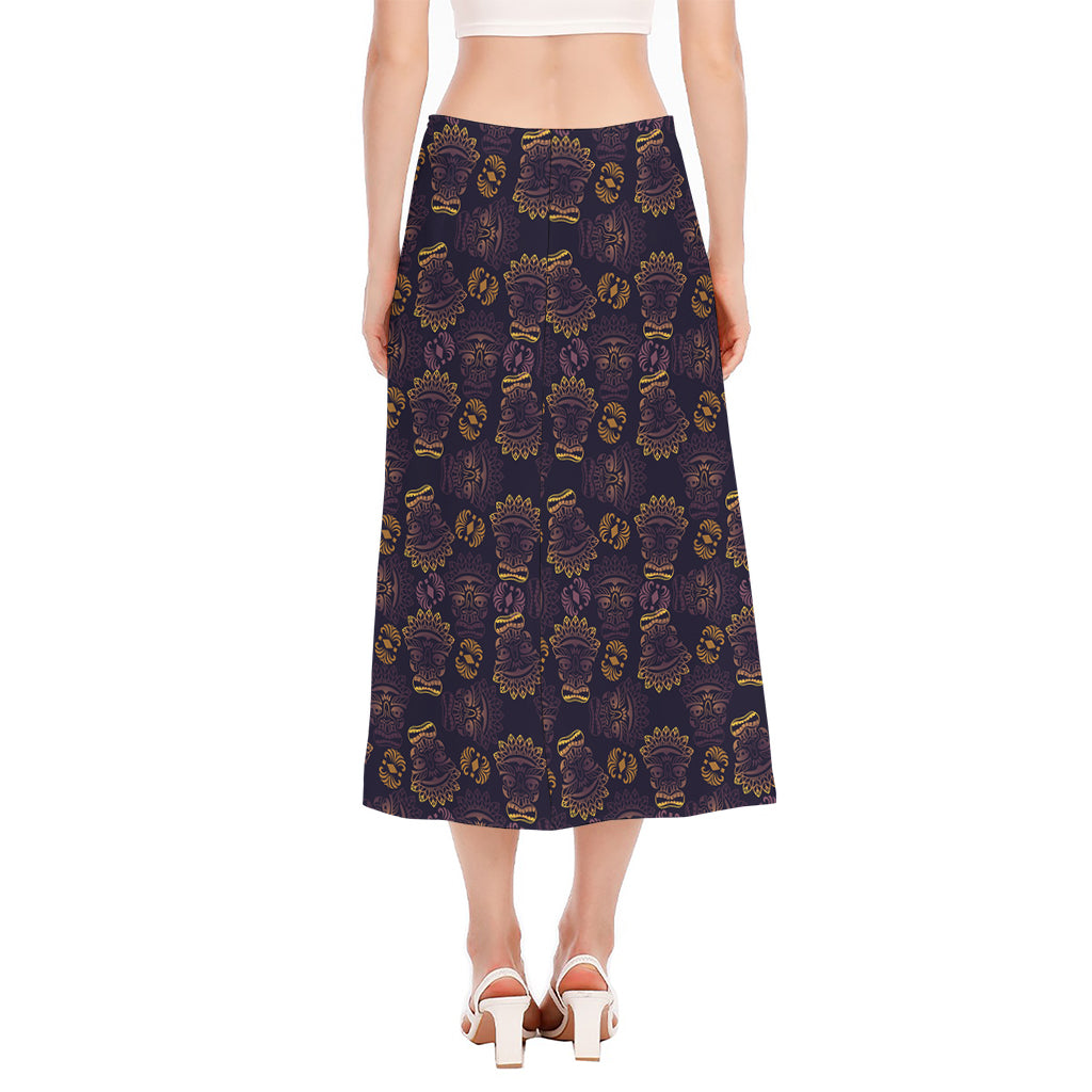 Ornament Tiki Mask Pattern Print Side Slit Midi Skirt